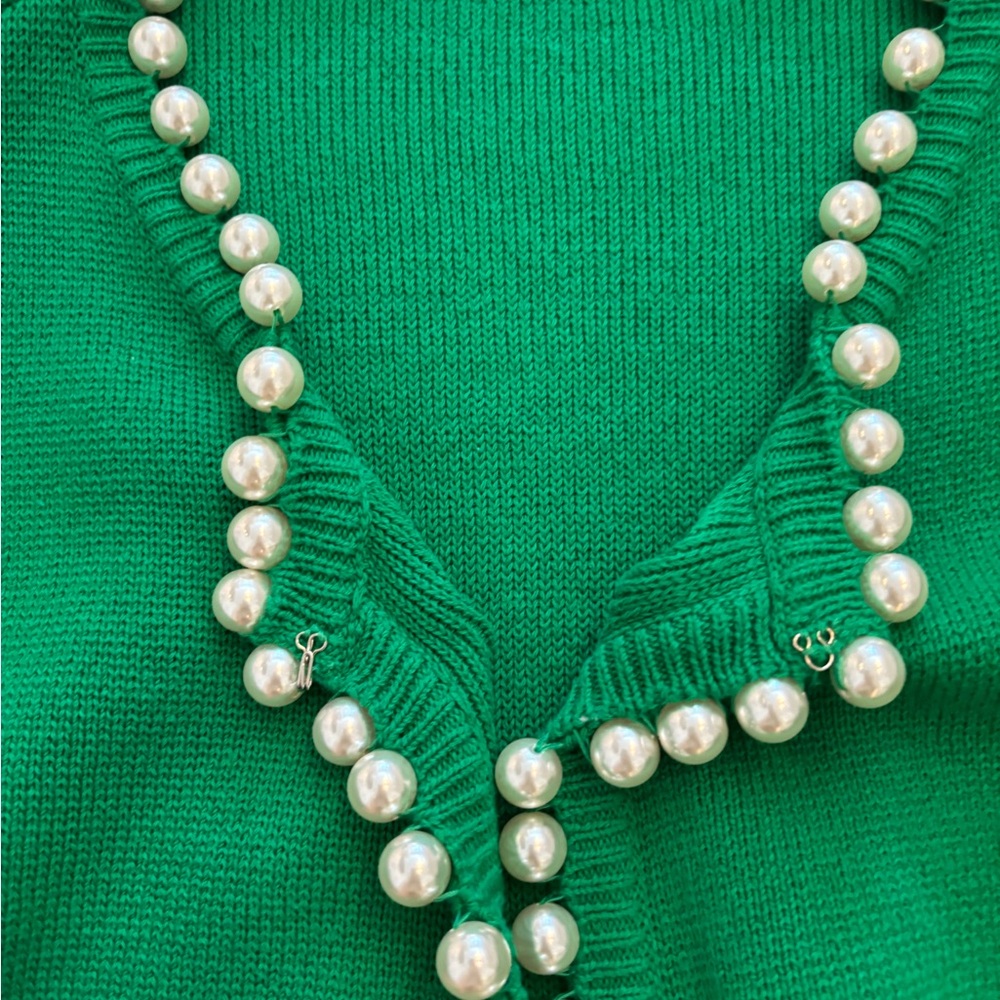 Green Cardigan Sweater with Pearl Accents - Picture 3 of 7
